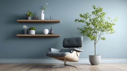Functional design and space efficiency, modern simplicity, A modern interior featuring a stylish chair, wall shelves with decor, and a vibrant plant, creating a serene and inviting atmosphere.