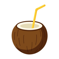 Flat vector illustration of a fresh coconut drink with straw, isolated on white background