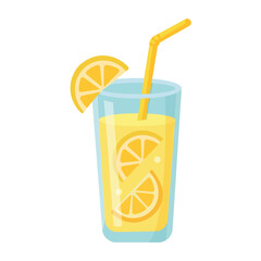 Flat vector illustration of a glass of fresh lemonade with straw and lemon slices, isolated on white background