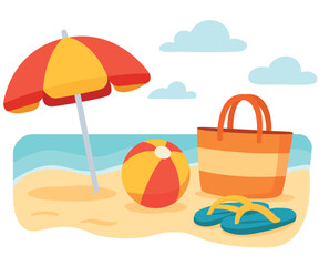 Flat vector illustration of beach scene with umbrella, ball, bag, and flip flops by the sea – summer vacation concept