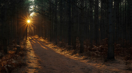 Fototapeta premium Sunlight Path Through Pine Forest