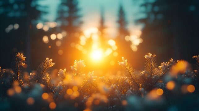 Sun shines brightly through pines creating a warm light with bokeh effect Winter beauty is on display with snow covere