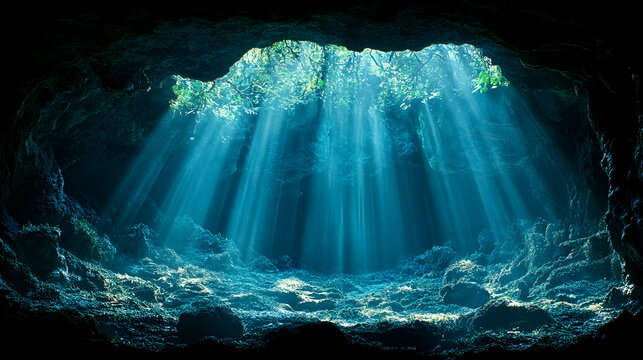 Sunlight streams into a dark cave through an opening illuminating the textured ground with a soft blue glow and verdan