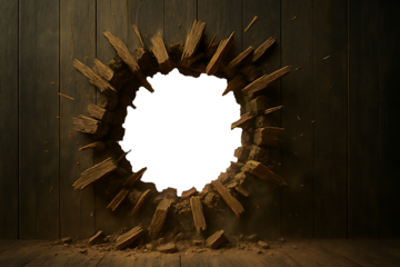 Breaking Through the Barrier: An eye-level shot captures a circular breach in a dark wooden wall, creating a dramatic effect. The wooden fragments radiate outwards, highlighting the impact. 