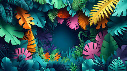 Fototapeta premium Tropical paper leaves in shades of blue green yellow orange and pink create a vibrant layered jungle background