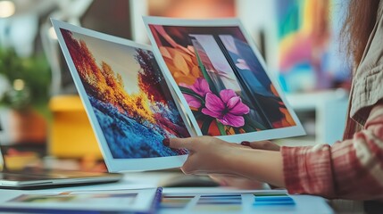 A designer holding two concepts: one stock graphic, one custom illustration, comparing detail and uniqueness