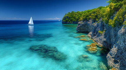 Fototapeta premium Turquoise sea waters meet rocky cliffs with lush vegetation under a vibrant blue sky featuring sailboats sailing along