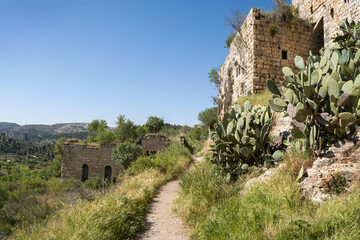 Ruined houses of an ancient arabian abandoned village Lifta located on hills near Jerusalem, Israel.