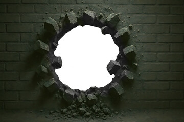 Breaking Through: A powerful image of a brick wall with a large hole punched through it, symbolizing overcoming obstacles and achieving breakthrough.  