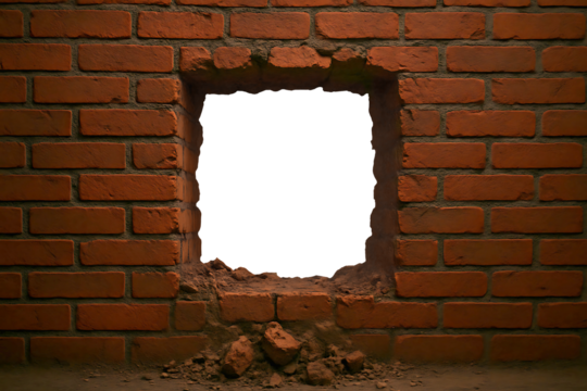Hole in Brick Wall: A square hole in an old brick wall, symbolizing a breakthrough, opportunity, or escape.  The rough texture of the bricks and the debris at the base add to its gritty feel.
