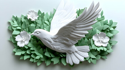 Obraz premium White paper bird soars on a bed of green leaves with a scattering of delicate white flowers captured in serene minimal