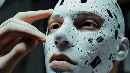 A cybernetic mask being applied over a human face, representing digital masking and clipping paths, high realism