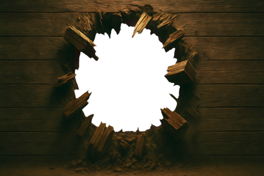 Breach of Perspective: A dramatic visual of a hole in the wall, raw and fragmented, offering a glimpse into a stark, contrasting expanse. This image invites exploration into a space.