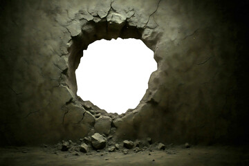 Hole in the Wall: A dark, textured wall dramatically shattered, revealing a bright, open space, symbolizing transition and opportunity.