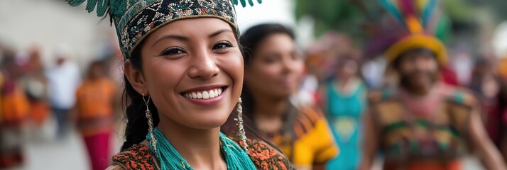A joyful dancer, adorned in vibrant traditional attire and accessories, showcases her cultural heritage with a bright smile, standing amidst a festive celebration of unity and tradition.