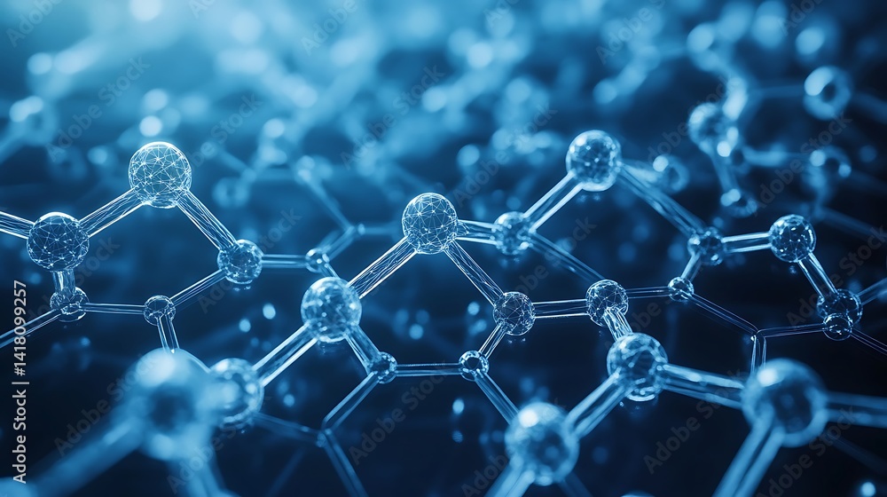 Poster glowing blue molecular structure in 3d rendering