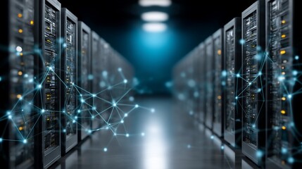 Fototapeta premium Server room with network connections; dark, sleek, and filled with technology