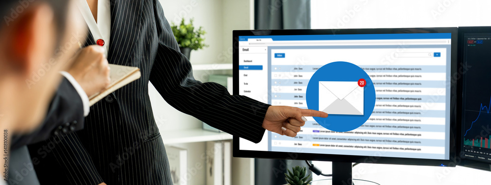 Poster email notification message showing on computer screen brisk. digital marketing message information t