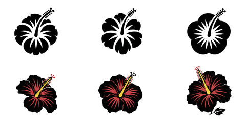 Fototapeta premium Hibiscus, Set of hibiscus. Collection of tropical chaba flower buds. Set of silhouettes of tropical flowers. Black and white drawing of spring plants. Tattoo, set of black and white flowers. Hibiscus