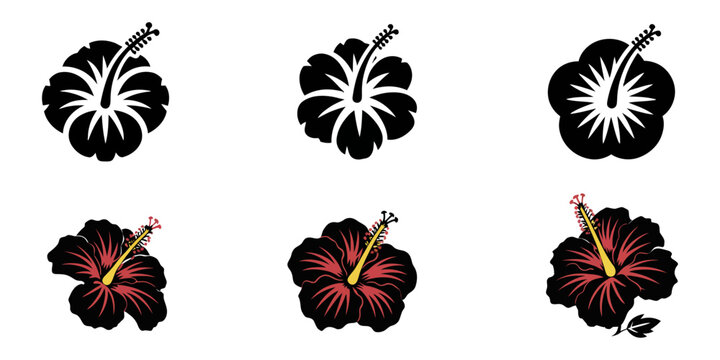 Hibiscus, Set of hibiscus. Collection of tropical chaba flower buds. Set of silhouettes of tropical flowers. Black and white drawing of spring plants. Tattoo, set of black and white flowers. Hibiscus