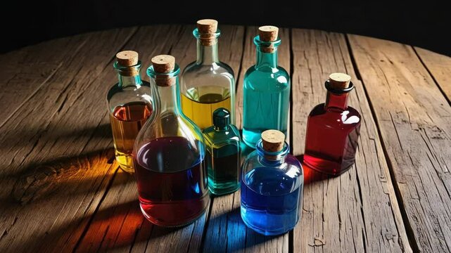Group of antique potion bottles filled with colorful liquid arranged on a weathered wooden table surface in a dark room