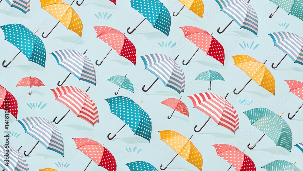 Poster a repeating pattern of colorful umbrellas with various designs on a light blue background image desi
