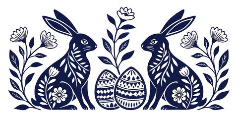 Elegant Floral Easter Bunny Design with Decorative Eggs Vector Image Graphic Art Illustration of Easter