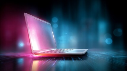 Sleek laptop glows on a shiny surface with a blue and pink blurred backdrop