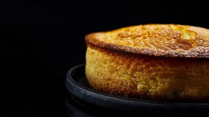 Sweet Cornbread Freshly baked American cornbread a golden brown crust shot on a black textured background to showcase the crumbly texture and rich corn flavor