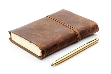 Obraz premium A brown leather journal with a gold pen rests on a white background, ready for writing and note-taking.