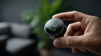 Fototapeta premium Functional design and space efficiency, modern simplicity, A sleek, modern device is held in a hand, displaying a digital interface with a green circle and the number 100.