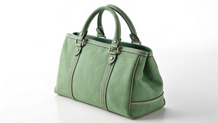 A light green leather handbag with handles and decorative stitching on a white background surface...