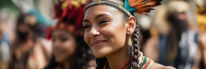 A confident woman smiles brightly, adorned with colorful feathers and beads at a cultural event, reflecting joy and pride in her heritage.