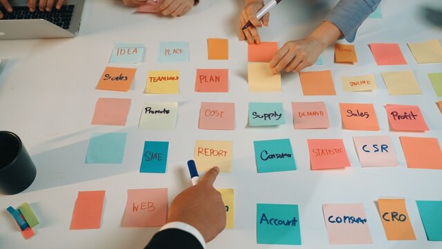 A vibrant workspace filled with colorful sticky notes represents a collaborative brainstorming session. Team members engage in strategic planning and project management discussions. SACTR