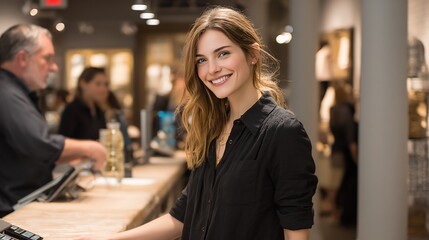 Smiling woman in black top in shop, with blurred figures and display cases