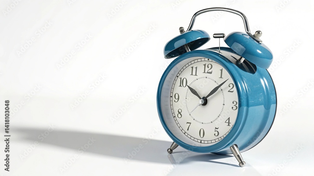 Poster a close up shot of a blue alarm clock with a white face on a white surface with a shadow casted crea