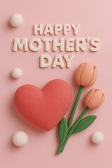 Mother's Day 3D Poster. Cute Card with 3D Heart and Flowers. Cute Tulips. Vertical Poster
