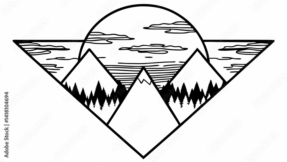 Poster geometric mountain range with trees and clouds inside of a diamond shape outline design art created 