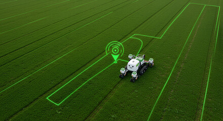 Obraz premium Farm Robot Planting Seeds With Gps Path Overlay