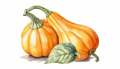 Two Orange Pumpkins and Green Leaves Watercolor Painting