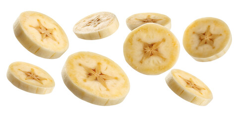 Dried sweet figs and yellow banana slices, healthy dried fruit snacks, are isolated on transparent background