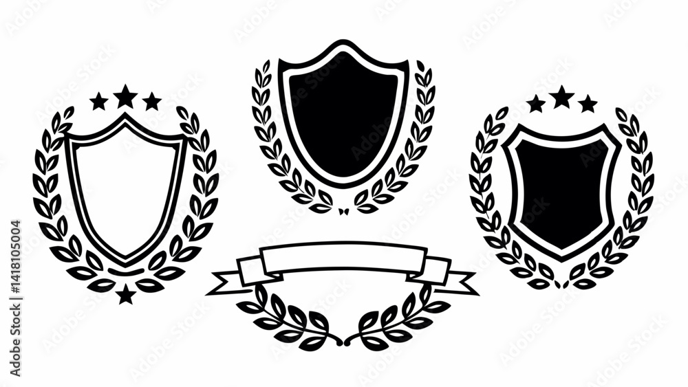 Poster set of heraldic shields with laurel wreaths and banner isolated on a white background vector illustr