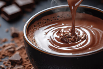 Chocolate sauce flowing into a cup on a marble surface, creating swirls and ripples.