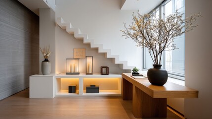 Functional design and space efficiency, modern simplicity, A modern interior featuring a minimalist staircase, decorative plants, and stylish furniture, creating a serene and inviting atmosphere.