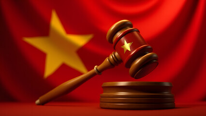 Bamboo gavel with lacquer over Vietnamese flag. Revolutionary legal symbolism with cultural lighting.