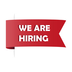 Hiring banner ribbon. We are hiring label. Red recruitment tag. Vector job message.