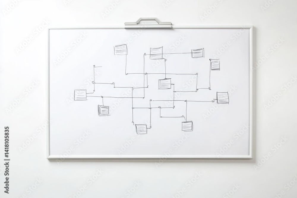 Poster hand-drawn flowchart on whiteboard, illustrating interconnected documents and workflow.