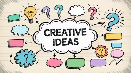 Hand-drawn doodle sketch illustration of a simple mind map or brainstorming flow chart about "Creative Ideas". Central cloud or bubble connected by sketchy lines