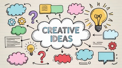 Hand-drawn doodle sketch illustration of a simple mind map or brainstorming flow chart about "Creative Ideas". Central cloud or bubble connected by sketchy lines