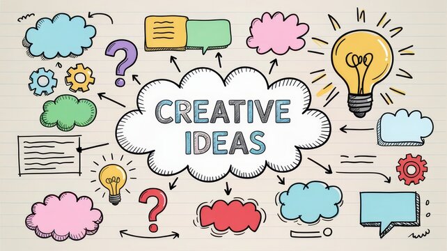 Hand-drawn doodle sketch illustration of a simple mind map or brainstorming flow chart about "Creative Ideas". Central cloud or bubble connected by sketchy lines